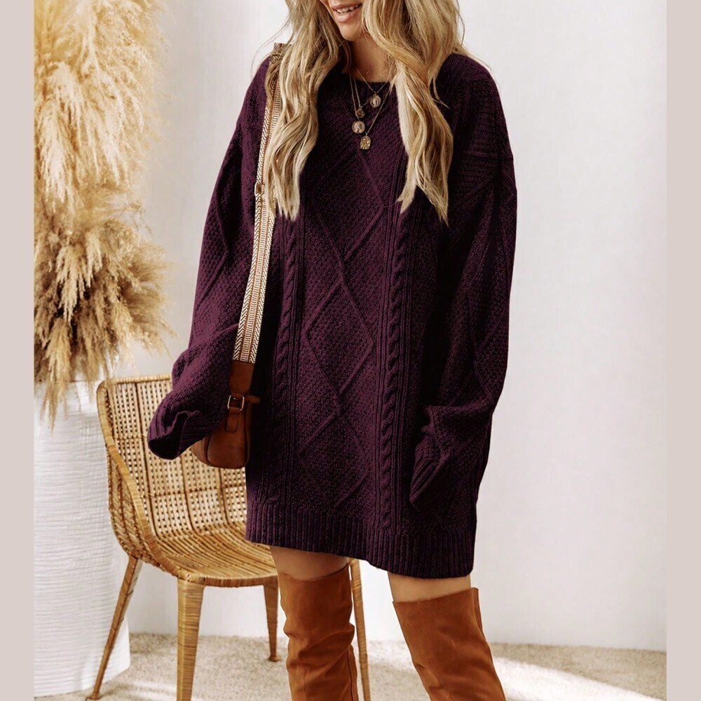 Burgundy Cable Knit Oversized Long Sleeve Sweater Mini Dress